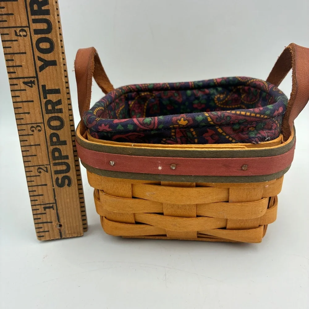 Longaberger 1999 Small Square Handwoven Basket Leather Handles Paisley Liner